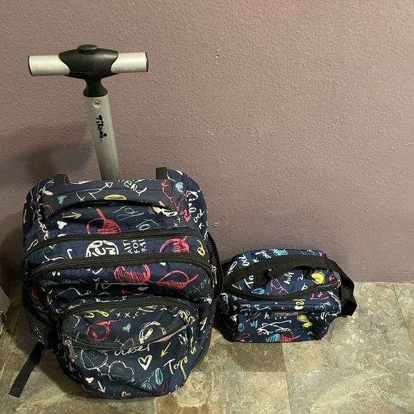 Tilami Navyblue Happy Weekend 18 inch RollingBackpack For Kids With Lunch Bag
